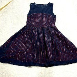 French Connection 6 Dress ~ Navy Blue Dotted Shell with Orange Underdress